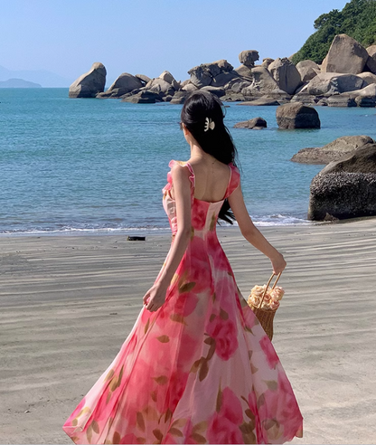New Simple Pink Floral Design A-Line Beach Holiday Spaghetti Strap Dress TP3028