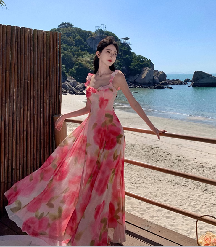 New Simple Pink Floral Design A-Line Beach Holiday Spaghetti Strap Dress TP3028