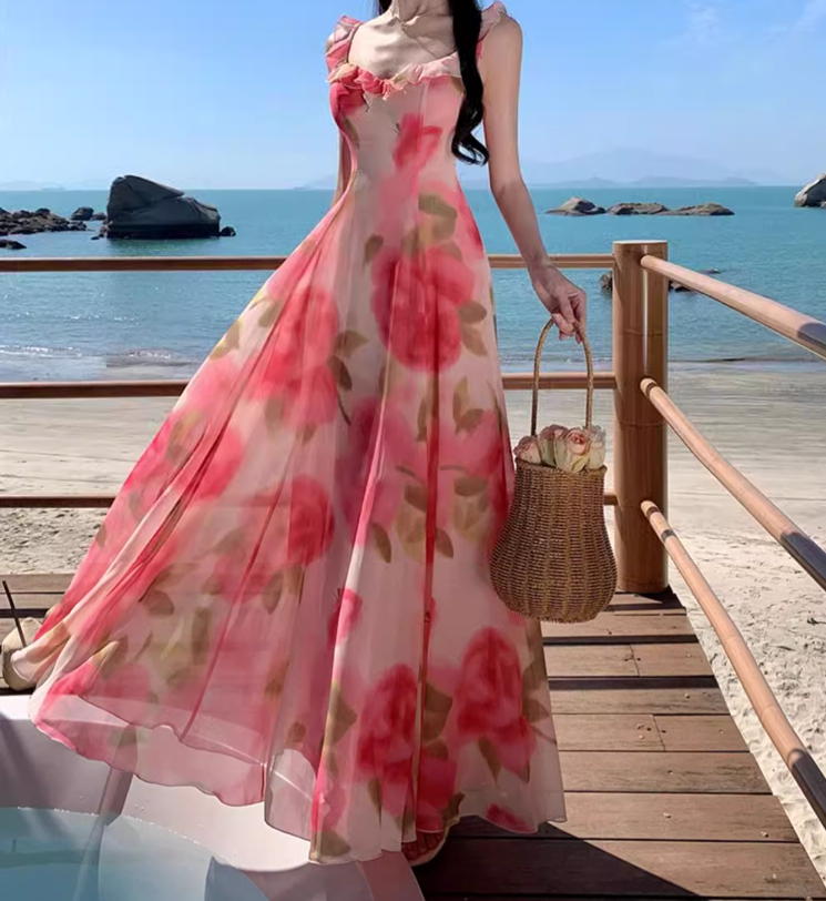 New Simple Pink Floral Design A-Line Beach Holiday Spaghetti Strap Dress TP3028