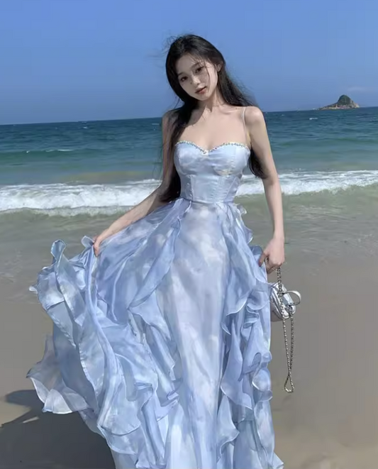 Simple Floral Design A-Line Chiffon Beach Holiday Halter Dress TP3030