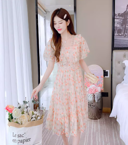 New Simple Short Sleeves Floral Design A-Line Dress TP3038