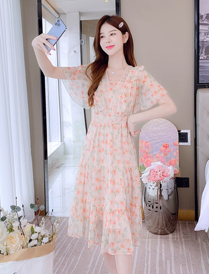 New Simple Short Sleeves Floral Design A-Line Dress TP3038