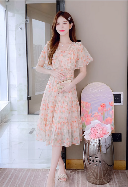 New Simple Short Sleeves Floral Design A-Line Dress TP3038