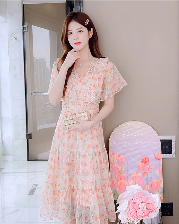 New Simple Short Sleeves Floral Design A-Line Dress TP3038