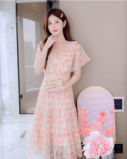 New Simple Short Sleeves Floral Design A-Line Dress TP3038
