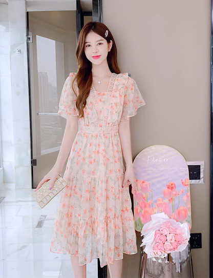 New Simple Short Sleeves Floral Design A-Line Dress TP3038