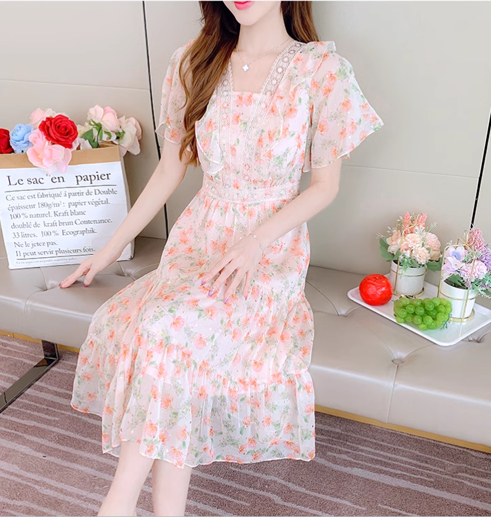 New Simple Short Sleeves Floral Design A-Line Dress TP3038