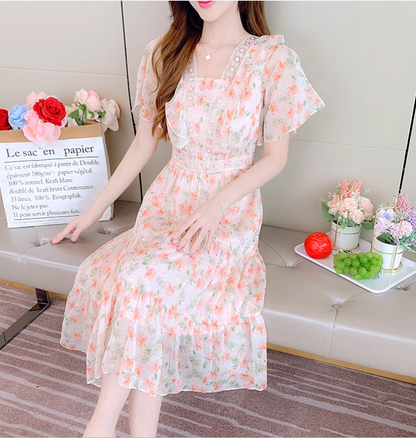 New Simple Short Sleeves Floral Design A-Line Dress TP3038