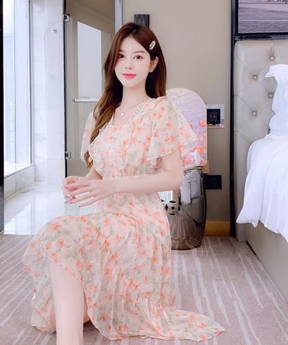 New Simple Short Sleeves Floral Design A-Line Dress TP3038