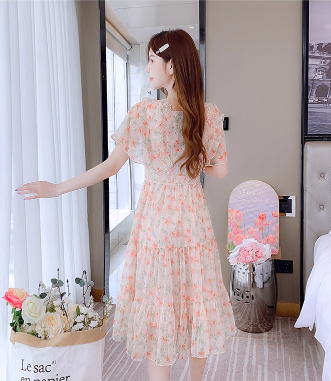 New Simple Short Sleeves Floral Design A-Line Dress TP3038