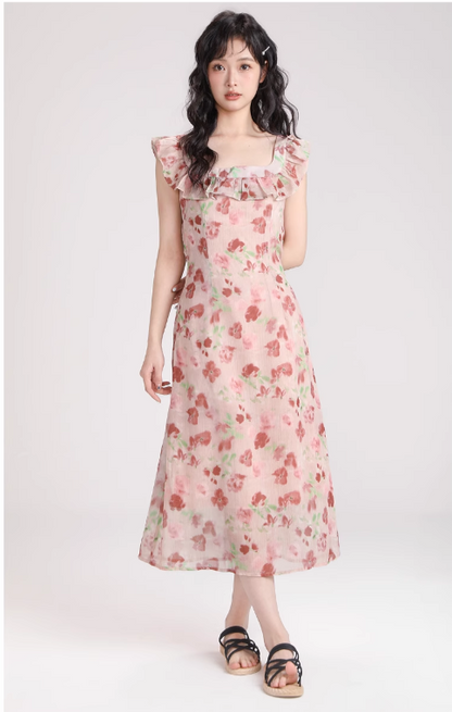 New Simple Fashion Short Puffy Sleeves Floral Design A-Line Dress TP3042