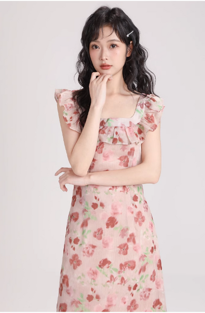 New Simple Fashion Short Puffy Sleeves Floral Design A-Line Dress TP3042