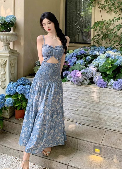 New Fashion Blue Floaral Design A-Line Spaghetti Strap Dress TP3045