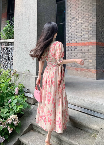 New Fashion Pink Floral Design Short Sleeves V-neck A-Line Women Long Dress TP3046