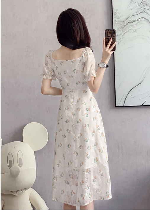 New Fashion Simple Floral Short Sleeves Design Women Slim Dress TP3051
