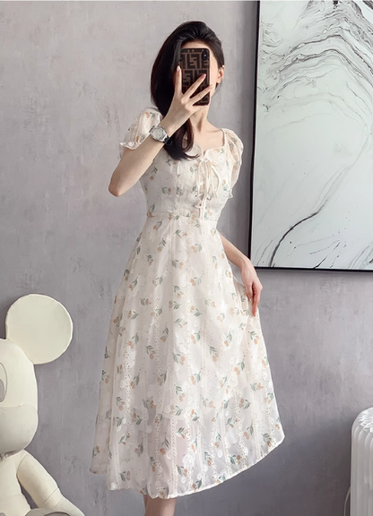 New Fashion Simple Floral Short Sleeves Design Women Slim Dress TP3051