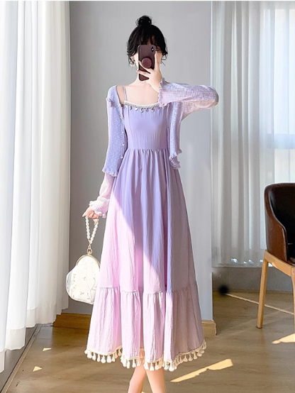 New Simple Elegant Cardigan Design Spaghetti Strap Dress TP3060