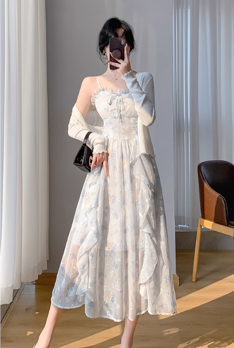 New Simple Elegant Cake Lace Design Cardigan Spaghetti Strap Dress TP3063