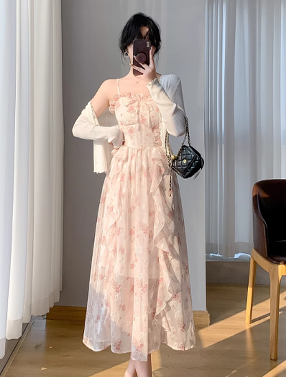 New Simple Elegant Cake Lace Design Cardigan Spaghetti Strap Dress TP3063