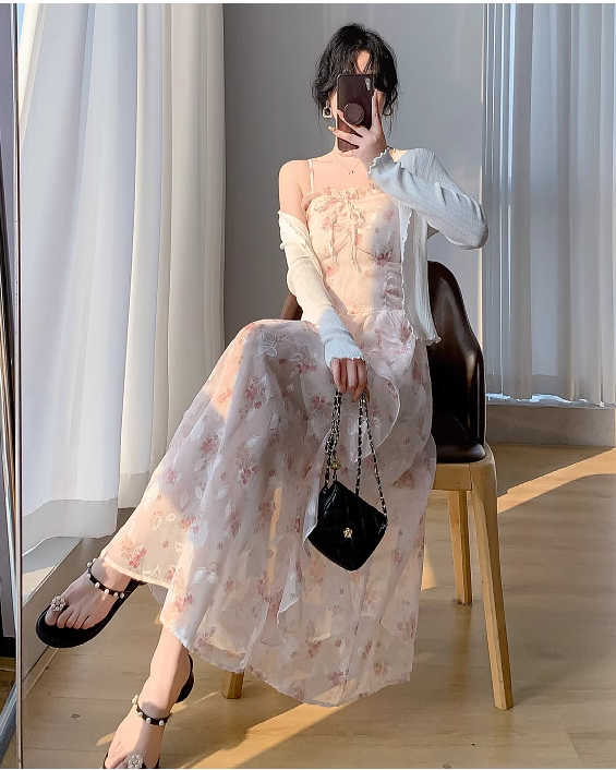New Simple Elegant Cake Lace Design Cardigan Spaghetti Strap Dress TP3063