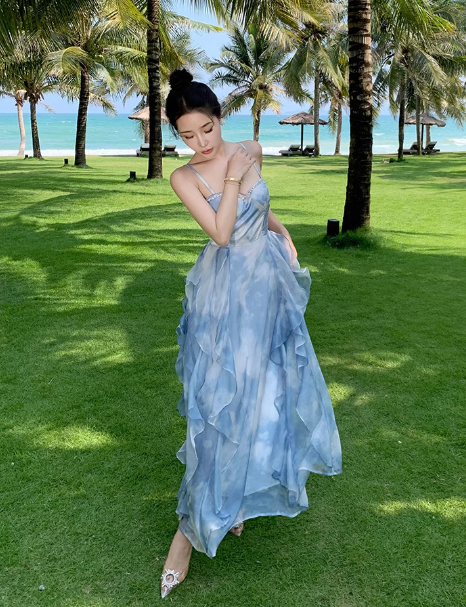Simple Elegant Blue Floral Design Beach Holiday Spaghetti Strap Dress TP3065