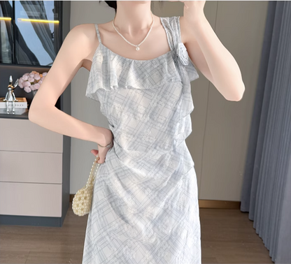 New Simple Elegant Floral Design Cardigan Spaghetti Strap Dress TP3067