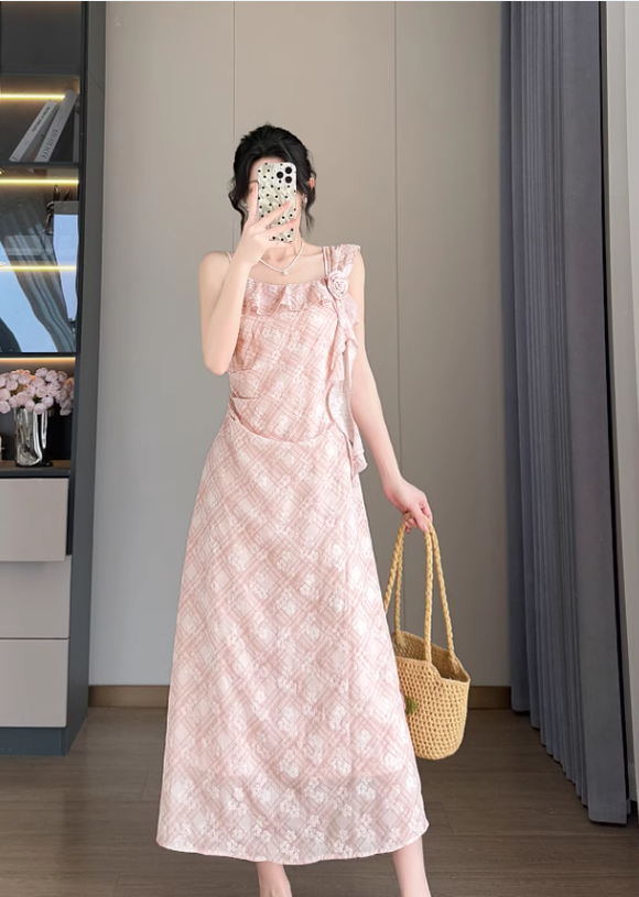 New Simple Elegant Floral Design Cardigan Spaghetti Strap Dress TP3067