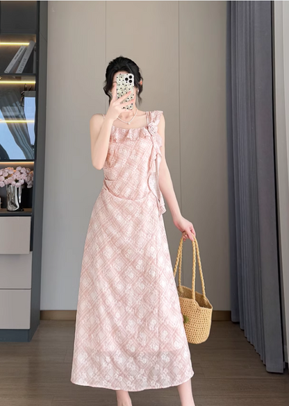 New Simple Elegant Floral Design Cardigan Spaghetti Strap Dress TP3067