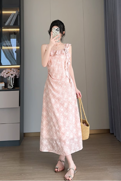 New Simple Elegant Floral Design Cardigan Spaghetti Strap Dress TP3067