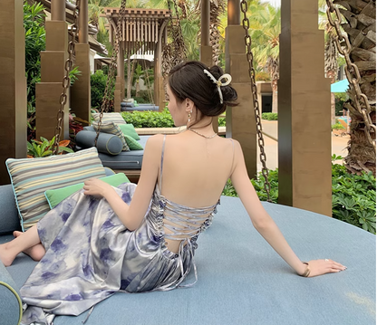 New Simple Elegant Floral Design Beach Holiday Spaghetti Strap Dress TP3068