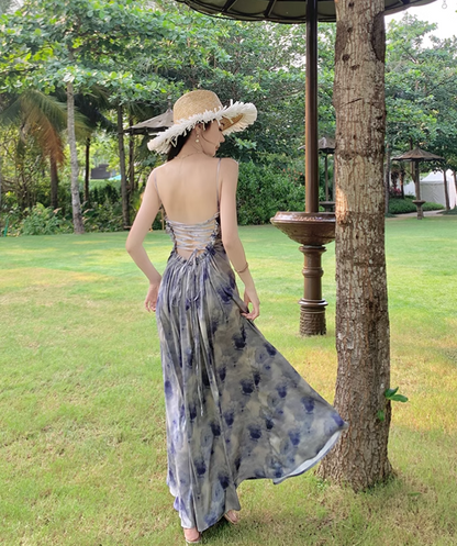 New Simple Elegant Floral Design Beach Holiday Spaghetti Strap Dress TP3068