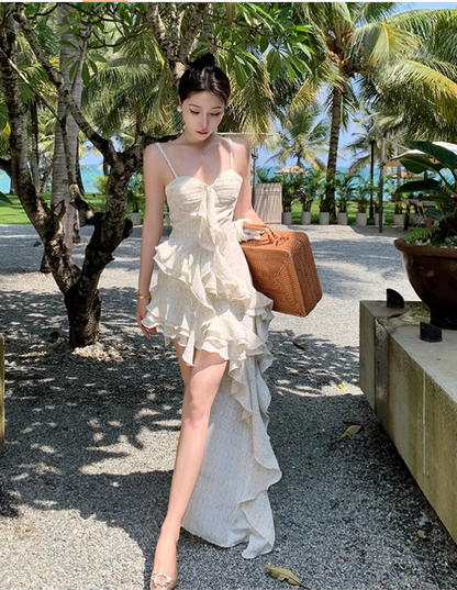 New Simple Elegant Floral Irregular Design Beach Holiday Spaghetti Strap Dress TP3069