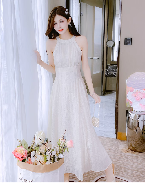 New Simple Elegant Women White Design High-waisted Halter Dress TP3073