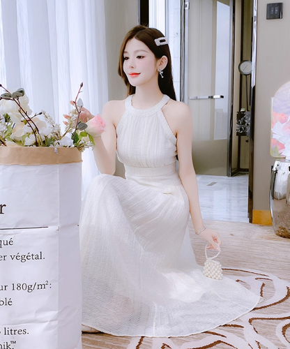 New Simple Elegant Women White Design High-waisted Halter Dress TP3073