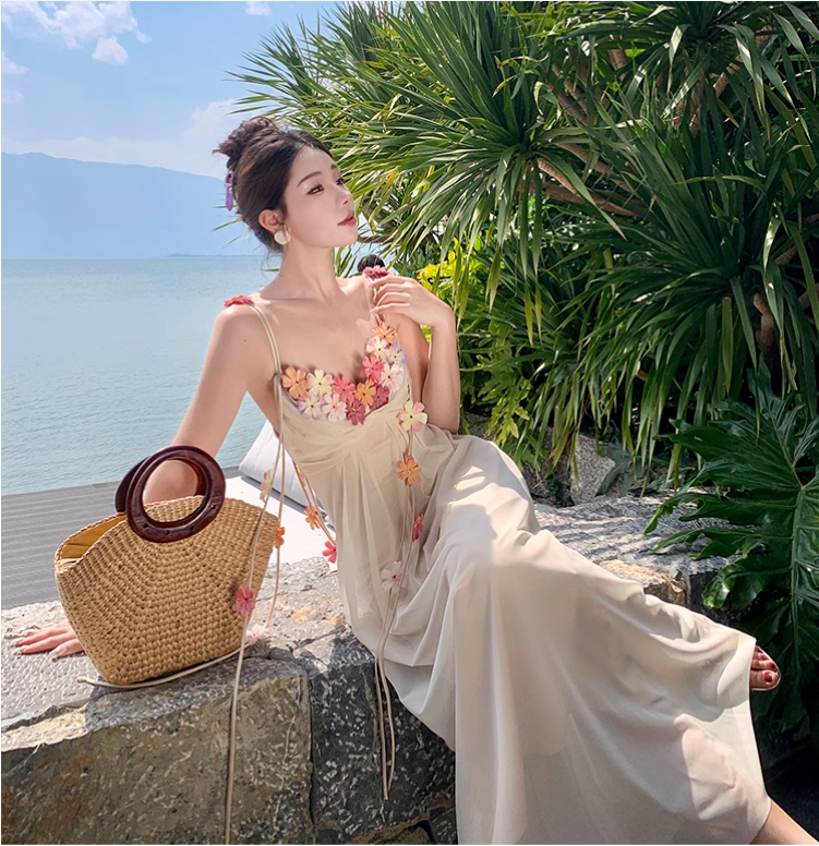 Simple Fashion Women Floral Design A-Line Spaghetti Strap Dress TP3079