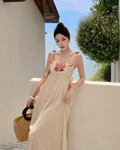 Simple Fashion Women Floral Design A-Line Spaghetti Strap Dress TP3079