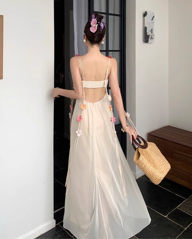 Simple Fashion Women Floral Design A-Line Spaghetti Strap Dress TP3079