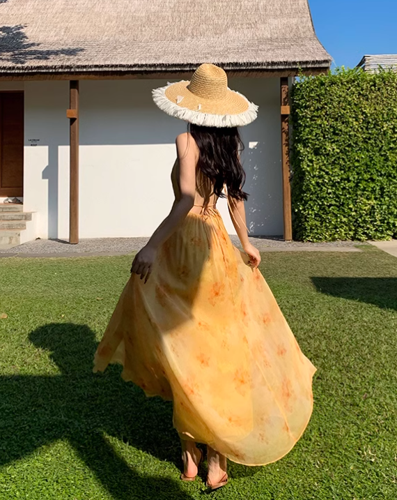 New Fashion Women Yellow Floral Design A-Line Halter Dress TP3080