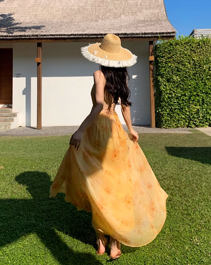 New Fashion Women Yellow Floral Design A-Line Halter Dress TP3080
