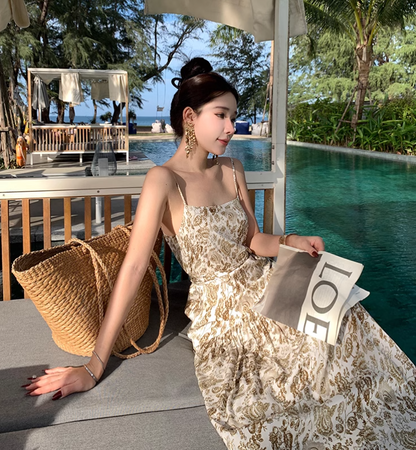 Vintage Fashion Women Floral Design A-Line Beach Holiday Spaghetti Strap Dress TP3084