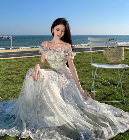 New Fashion Women Floral Falbala Design A-Line Beach Holiday Spaghetti Strap Dress TP3085