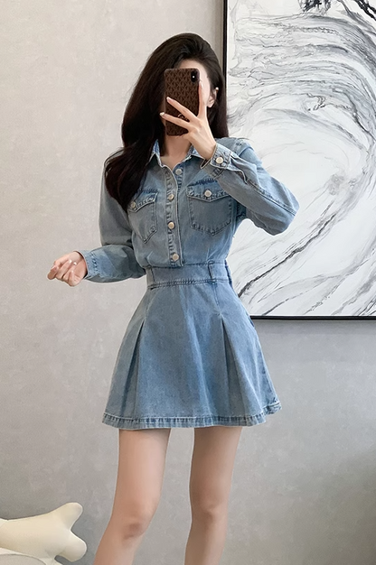 Vintage Fashion Design A-Line Long-sleeved Denim Dress TP3088