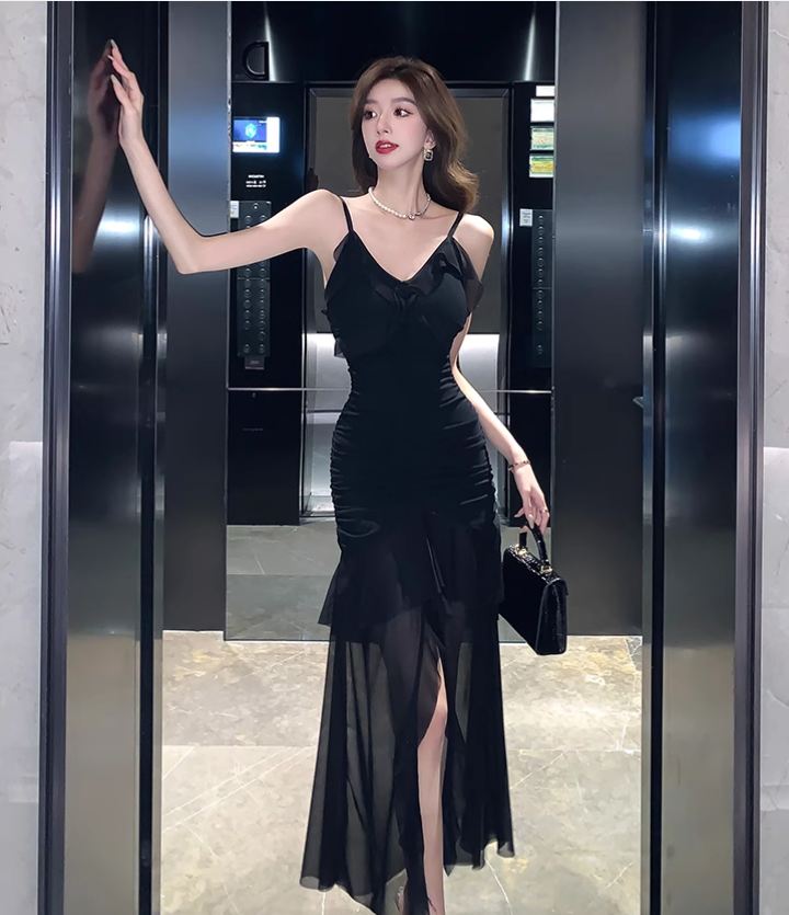 Vintage Irregular Design Black A-Line Mesh Women Spaghetti Strap Dress TP3147