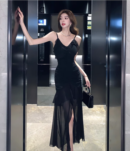 Vintage Irregular Design Black A-Line Mesh Women Spaghetti Strap Dress TP3147