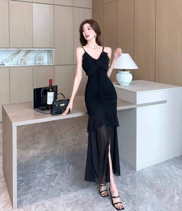 Vintage Irregular Design Black A-Line Mesh Women Spaghetti Strap Dress TP3147