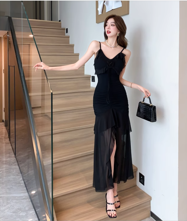 Vintage Irregular Design Black A-Line Mesh Women Spaghetti Strap Dress TP3147
