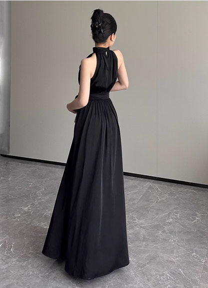 Simple Elegant Split Design Black A-Line Women Halter Dress TP3148