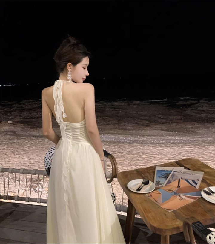 Elegant V-neck Design Beige Chiffon A-Line Beach Holiday Halter Dress TP3153