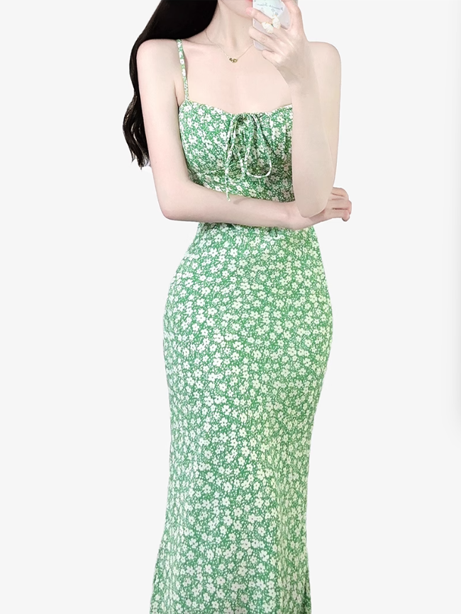 2025 Summer New Green Floral Bandeau Sexy Long Suspender Dress R0951