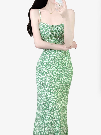2025 Summer New Green Floral Bandeau Sexy Long Suspender Dress R0951